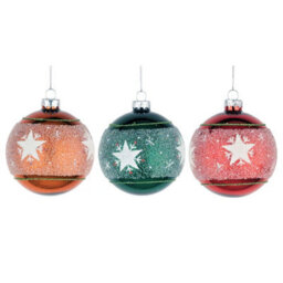 Shatchi Christmas Glass Baubles 12Pcs Set - 8Cm Orange, Green & Red With 3 Vibrant Designs - thumbnail 2