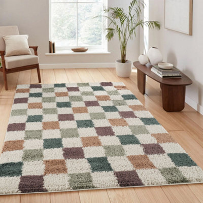 Chester Living Room Shaggy Area Rug Modern - Contemporary Checkered Design - Hallway Runner Indoor Rug Multi 200X290 Cm - image 1