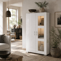 Wyld Haus Sora Coma High Gloss White Tall Display Cabinet With Glass Doors, 2 Shelves And 16-Colour Rgb Led Lighting