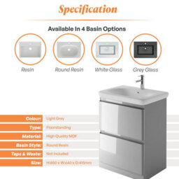 Plum&clay Marvel Gloss Light Grey Floor Standing Bathroom Vanity Unit With Round Resin Basin (W)600mm - thumbnail 5