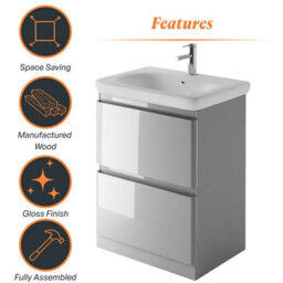 Plum&clay Marvel Gloss Light Grey Floor Standing Bathroom Vanity Unit With Round Resin Basin (W)600mm - thumbnail 6