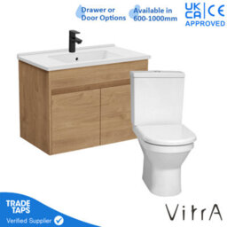 Vitra 800mm Wall Hung Bathroom Vanity Unit With 2 Doors Includes Basin, Black Tap And Close Coupled Toilet Set - Golden Oak - thumbnail 1