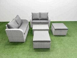 Fimous 6 Seater Outdoor Love Sofa Set Rattan Garden Furniture Set Rectangular Coffee Table 2 Footstool Light Grey - thumbnail 2