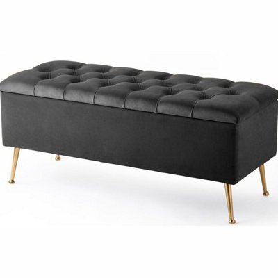 180Cm Amara Chesterfield Ottoman Storage Bench - Plush Velvet Shoes Bench - Black Upholstery Footstool Storage With Legs - image 1