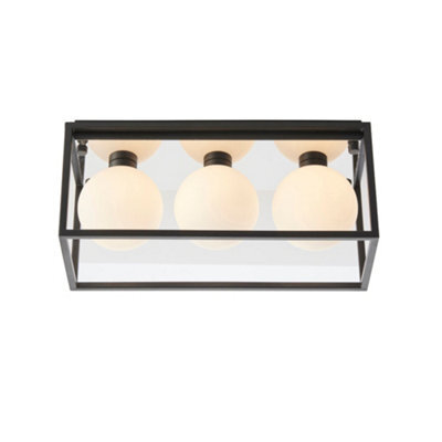 Matt Black Rectangular Framed Flush Bathroom Ceiling Light & Sphere Glass Shades - image 1