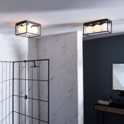 Matt Black Rectangular Framed Flush Bathroom Ceiling Light & Sphere Glass Shades - thumbnail 4