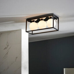 Matt Black Rectangular Framed Flush Bathroom Ceiling Light & Sphere Glass Shades - thumbnail 3