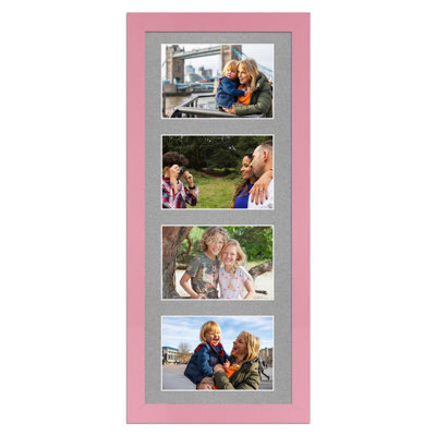 AK Frames 50X20Cm Pastel Pink Modern Multi Photo Frame With Silver Mount - Holds 4 Apertures (4X) 6X4 Photos - image 1
