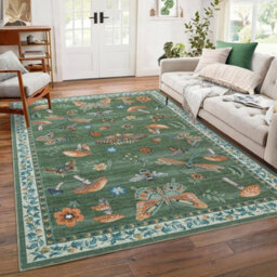 London Boutique 200X290Cm Mushroom Butterfly Area Rug, Washable Non-Slip Low Pile Carpet For Nursery, Bedroom, Living Room, Green