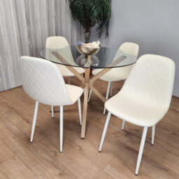 Kosy Koala Round Glass Dining Table Set With 4 Cream Gem Pattern Chairs Dining Room Furniture