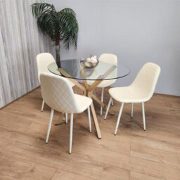 Kosy Koala Round Glass Dining Table Set With 4 Cream Gem Pattern Chairs Dining Room Furniture - thumbnail 5