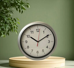 Silver Round Quartz Wall Clock Battery Operated 24Cm Office Minimalistic Clock