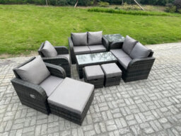 Fimous 9 Seater Rattan Garden Furniture Set Outdoor Sofa, Table And Chairs Coffee Table 3 Footstools Ideal For Pool Side, Balcony - thumbnail 2