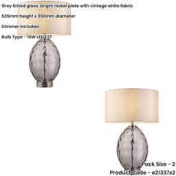 Loops 2 Pack Grey Tinted Glass Table Lamp - Vintage White Fabric Shade - Dimmable 10W Led E27 - thumbnail 2