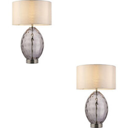 Loops 2 Pack Grey Tinted Glass Table Lamp - Vintage White Fabric Shade - Dimmable 10W Led E27