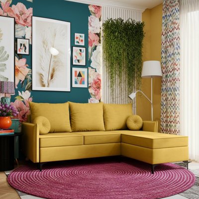 Leon L Living Room Corner Sofa Bed With Dl Mechanism Storage Box Mdf Frame Bonell Springs 213X168X101Cm Yellow Right - image 1