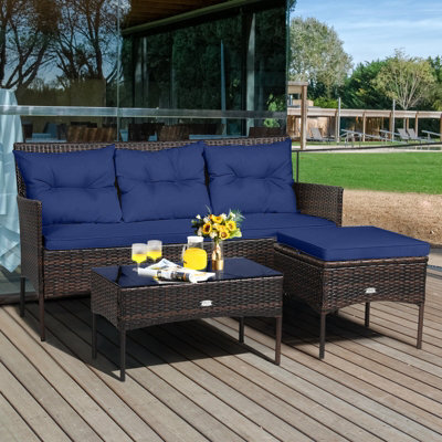 Costway 3 Pcs Patio Rattan Conversation Set Garden Corner Sofa Set W/ Coffee Table-Navy - image 1