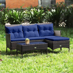 Costway 3 Pcs Patio Rattan Conversation Set Garden Corner Sofa Set W/ Coffee Table-Navy - thumbnail 4