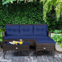 Costway 3 Pcs Patio Rattan Conversation Set Garden Corner Sofa Set W/ Coffee Table-Navy - thumbnail 5