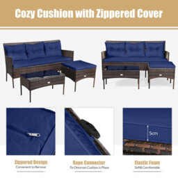 Costway 3 Pcs Patio Rattan Conversation Set Garden Corner Sofa Set W/ Coffee Table-Navy - thumbnail 6