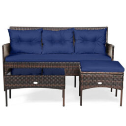Costway 3 Pcs Patio Rattan Conversation Set Garden Corner Sofa Set W/ Coffee Table-Navy - thumbnail 2