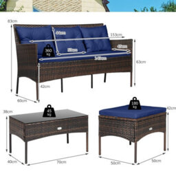 Costway 3 Pcs Patio Rattan Conversation Set Garden Corner Sofa Set W/ Coffee Table-Navy - thumbnail 3