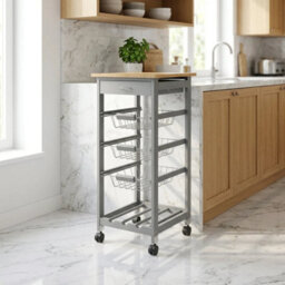 Kitchen Organiser Trolley 3 Tier Bamboo Worktop With Drawers & Baskets - thumbnail 2