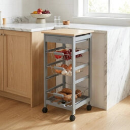 Kitchen Organiser Trolley 3 Tier Bamboo Worktop With Drawers & Baskets - thumbnail 1