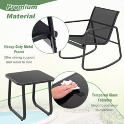 Costway Set Of 3 Patio Rocking Set 2 Rocking Bistro Chairs & Glass-Top Table Furniture - thumbnail 7
