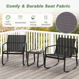 Costway Set Of 3 Patio Rocking Set 2 Rocking Bistro Chairs & Glass-Top Table Furniture - thumbnail 6