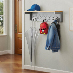 Taylor & Brown 7 Hook Grey Wall Mounted Coat Rack, Wooden Coat Hooks With Shelf And Storage, Wall Shelf With Hooks Underneath - thumbnail 3