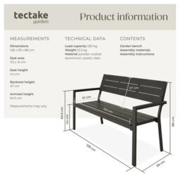 Tectake Line 2-Seater Garden Bench With Aluminum Frame, 128X59X88 Cm - Dark Grey - thumbnail 6