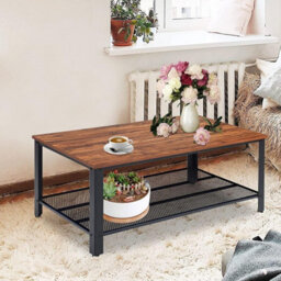 Coffee Table Tea Table With Metal Frame, Wood Coffee Table With Open Storage Shelf, Vintage Accent Furniture Table For Living Room - thumbnail 3