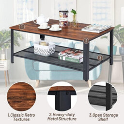 Coffee Table Tea Table With Metal Frame, Wood Coffee Table With Open Storage Shelf, Vintage Accent Furniture Table For Living Room - thumbnail 7