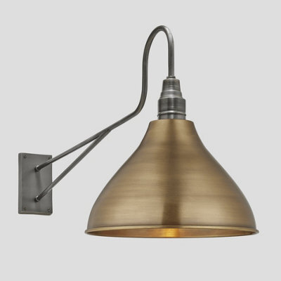 Industville Long Arm Cone Wall Light, 12 Inch, Brass, Pewter Holder