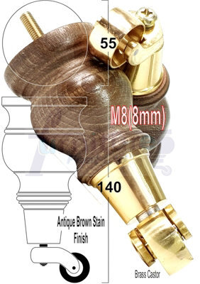 L&F 4X Replacement Solid Wood Furniture Feet With Brass Castor Legs 140mm Height  Sofas Chairs Stools   M8(8mm) Tsp2005 - image 1