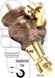 L&F 4X Replacement Solid Wood Furniture Feet With Brass Castor Legs 140mm Height  Sofas Chairs Stools   M8(8mm) Tsp2005 - thumbnail 1