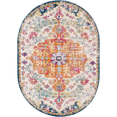 Livabliss Oval Harput-Vintage Blue Orange Yellow Grey Traditional Boho Living Dining Bedroom Rug 122 X 183 Cm Easy Care, Non Shedding - image 1