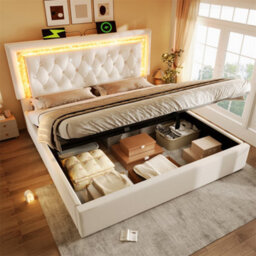 Abrihome Sparkling Led Super King Bed With Adjustable Headboard, Usb Charging & Hydraulic Storage, Beige, Velvet