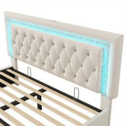 Abrihome Sparkling Led Super King Bed With Adjustable Headboard, Usb Charging & Hydraulic Storage, Beige, Velvet - thumbnail 6