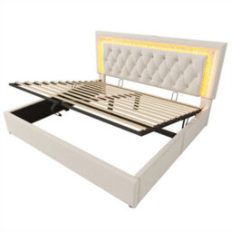 Abrihome Sparkling Led Super King Bed With Adjustable Headboard, Usb Charging & Hydraulic Storage, Beige, Velvet - thumbnail 8
