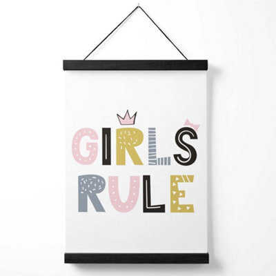 Artze Wall Art Cute Girls Rule Scandi Quote Art Print With Black Frame Size: A4 - image 1