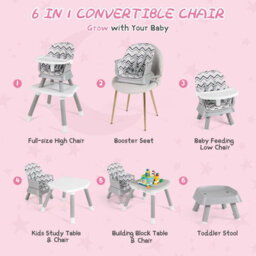 Costway 6-In-1 Baby High Chair Infant Feeding Chair Kids Stool W/removable Tray & Cushion - thumbnail 5