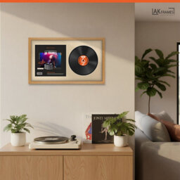 "30X17"" Oak Modern Vinyl Record Frame With Ivory Mount For 12 Inch Lp Album Cover & Disc - Ak Frames" - thumbnail 5