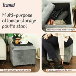 Froppi Premium 47L Storage Footstool, Storm Grey Velvet Upholstered Ottoman Stool, Square Ottoman Footrest Stool L45 W45 H41 Cm - thumbnail 6