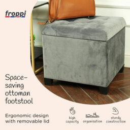 Froppi Premium 47L Storage Footstool, Storm Grey Velvet Upholstered Ottoman Stool, Square Ottoman Footrest Stool L45 W45 H41 Cm - thumbnail 3