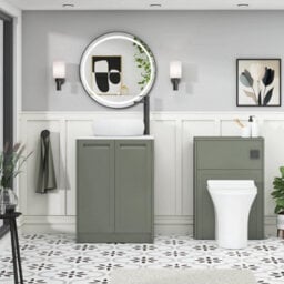 Royal Bathrooms Royal Bathroom Elmore 600mm Matt Green Freestanding Countertop Bathroom Vanity Unit 2 Door Plain White Worktop With Milan Basin - thumbnail 5