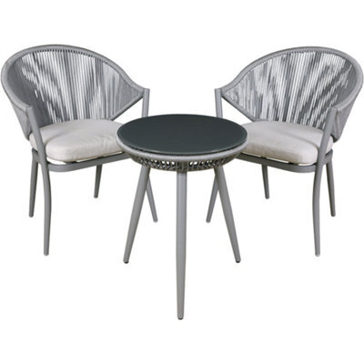Loops 3Pc Garden Bistro Set - Aluminium & Rope - Outdoor Dining Chair Round Table Grey - image 1