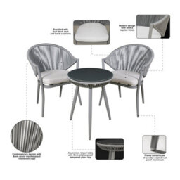 Loops 3Pc Garden Bistro Set - Aluminium & Rope - Outdoor Dining Chair Round Table Grey - thumbnail 5