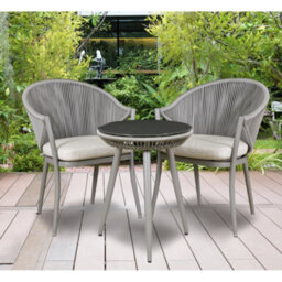 Loops 3Pc Garden Bistro Set - Aluminium & Rope - Outdoor Dining Chair Round Table Grey - thumbnail 4